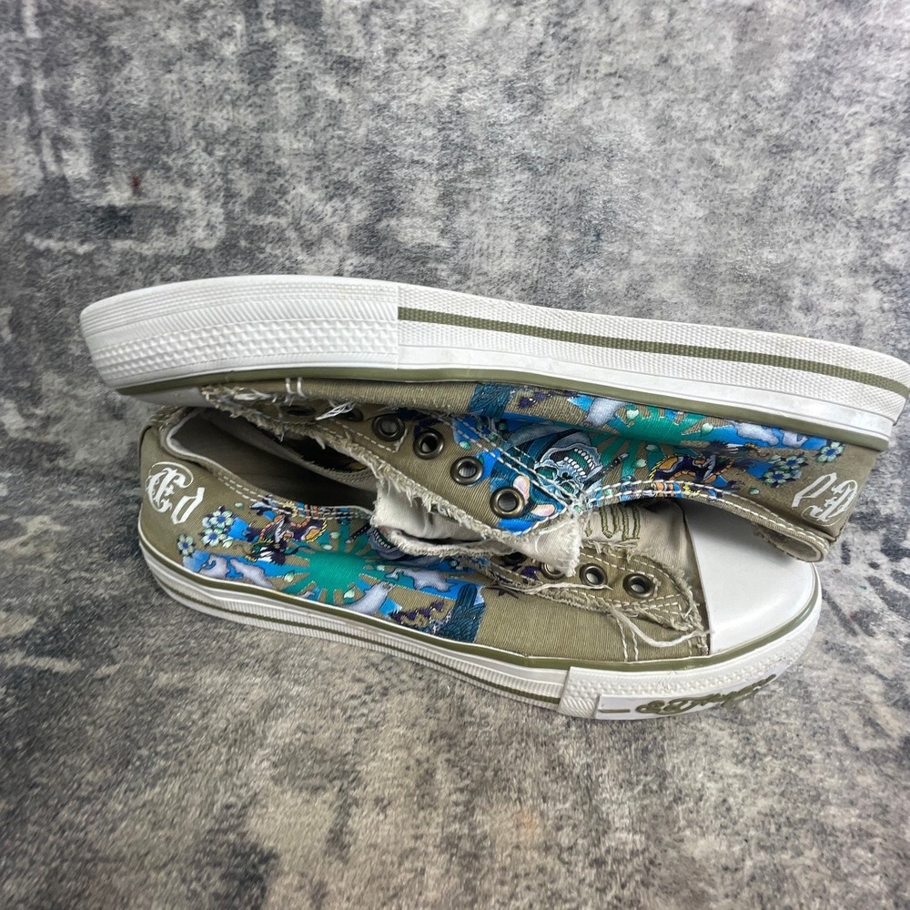 Ed Hardy Womens 7 Casual Slip-on Sneakers Y2K Tattoo Art Canvas Green Distressed - Picture 11 of 12